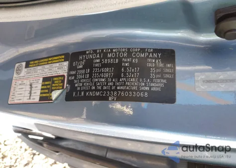 2007 Hyundai Entourage Gls/Limited/Se z USA, uszkodzony, nr VIN KNDMC233876033068